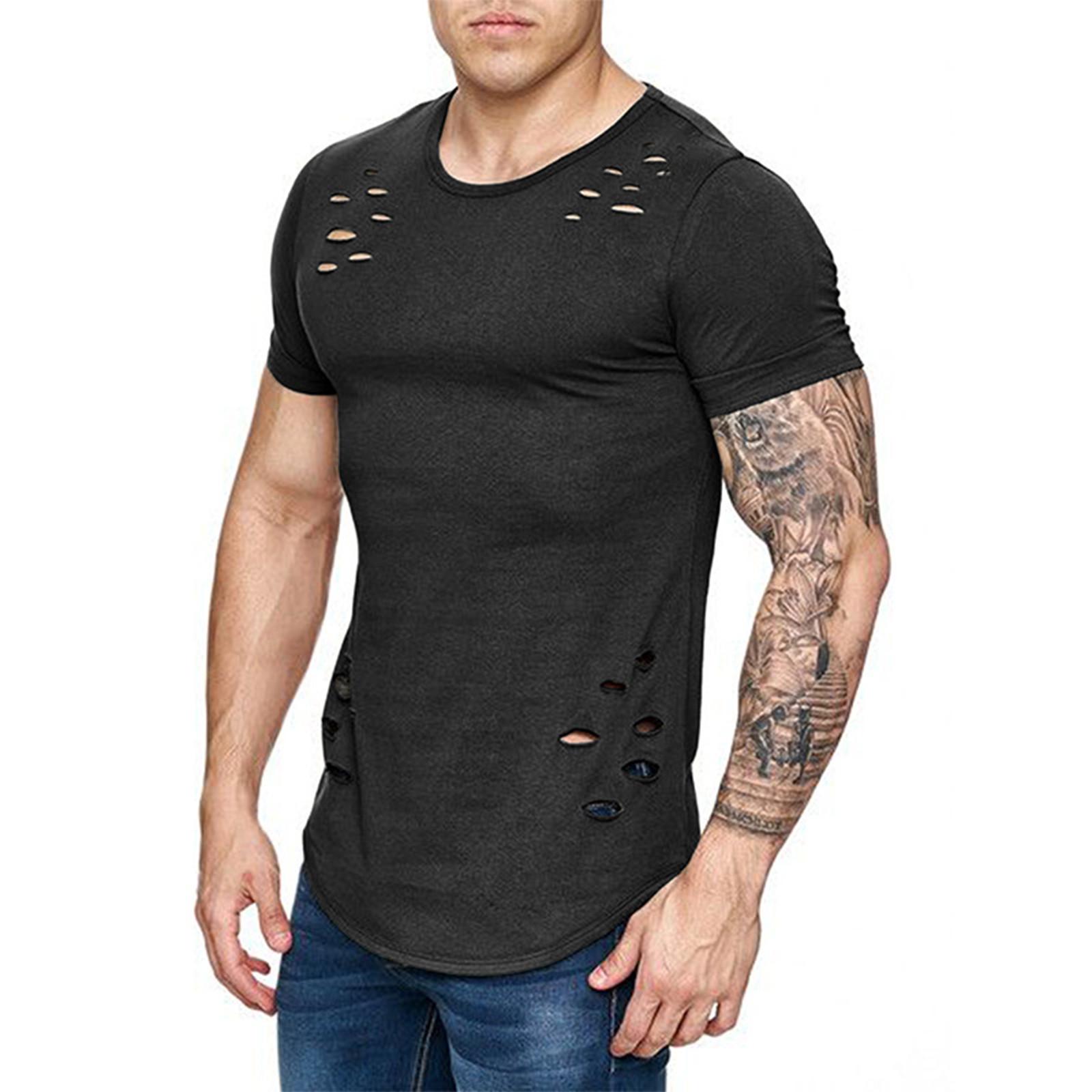 Men s Casual Slim Fit Basic Short Sleeve T Shirt Crew Neck Summer Top with Distressed Holes Design Durable Fabric Comfortable Fit M