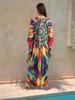 Summer Vintage Boho Women Plus Size Kaftan Sexy Beach Coverups Colorful Printed V Neck Batwing Sleeve