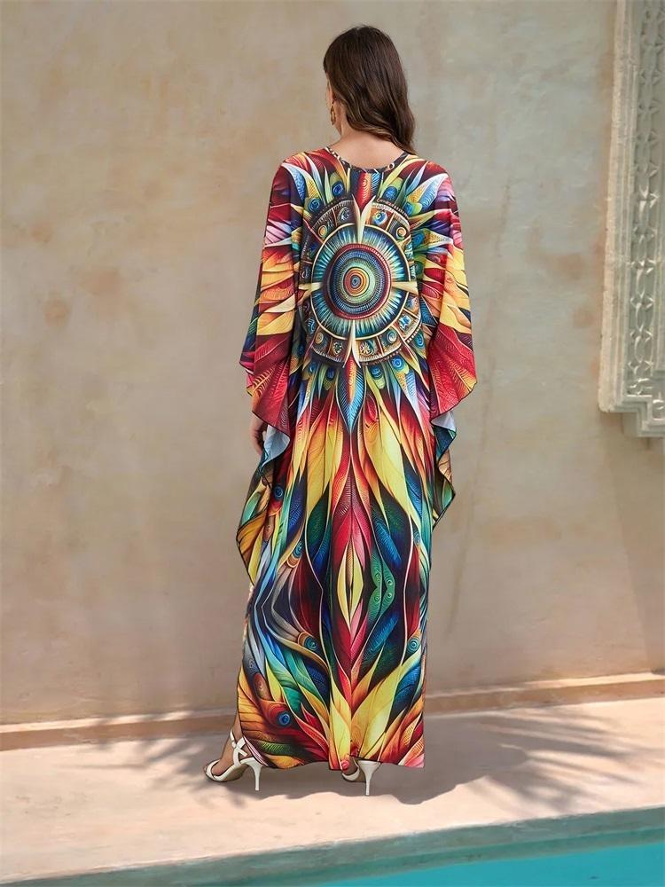Summer Vintage Boho Women Plus Size Kaftan Sexy Beach Coverups Colorful Printed V Neck Batwing Sleeve