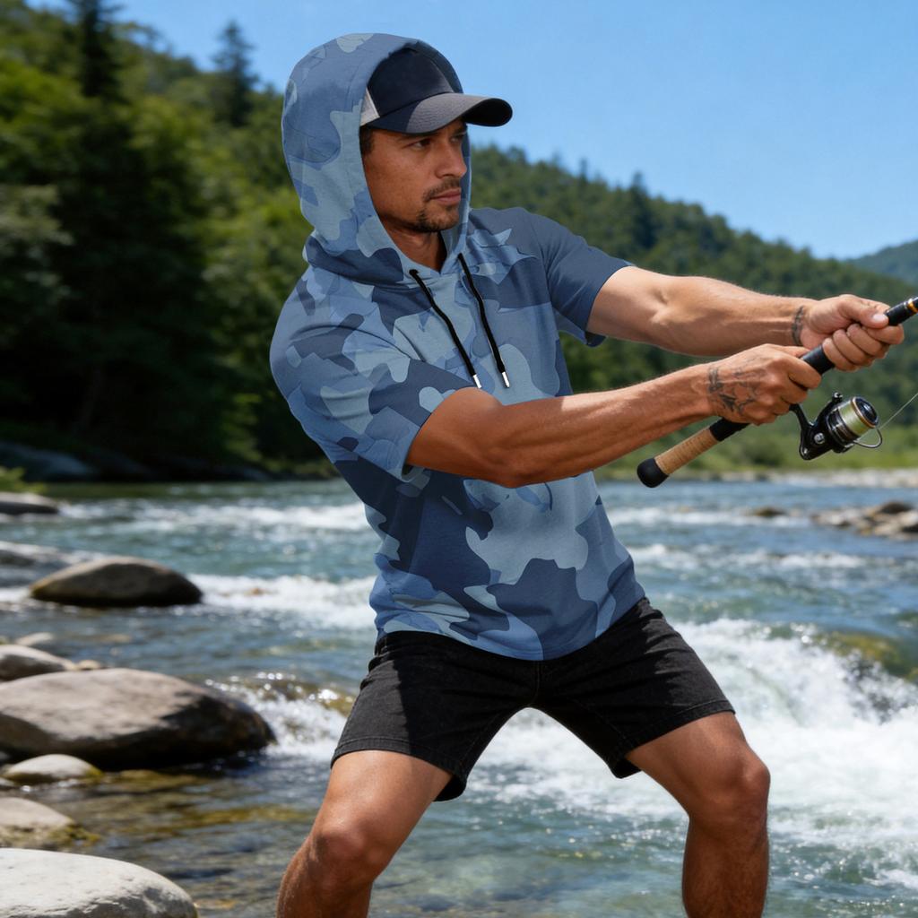 Men's Camouflage Print Raglan Sleeve Casual Sport Fishing Sun Protection Short Sleeve Hoodie Pullover Top for Outdoor Activities