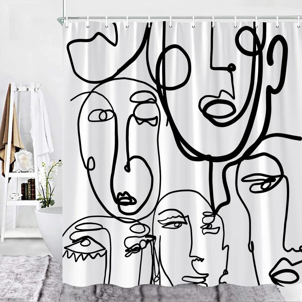 Abstract Face Shower Curtain Hooks Geometric Lines Face Simple Art Fabric Bathroom Decor Fabric Curtains Polyester Washable