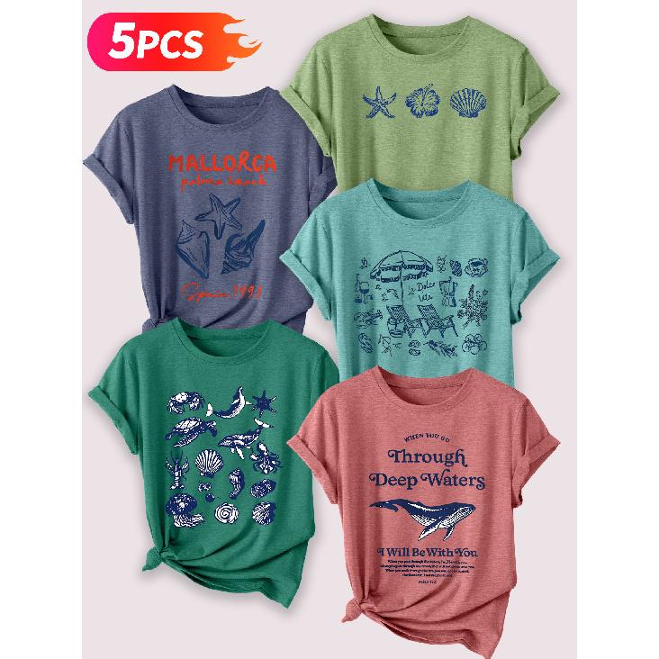 Follow a specific direction Five-piece set for women T Shirt with vintage ocean shell print Elegant Summer Party Outfits Short-sleeved shirt for work
