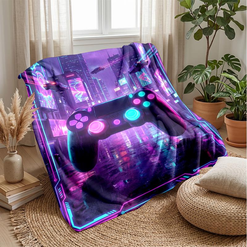 Cyberpunk Game Controller City Blanket Personalized Name Flannel Blanket Soft Cozy Plush Throw for Sofa Bed Lightweight Home Decor