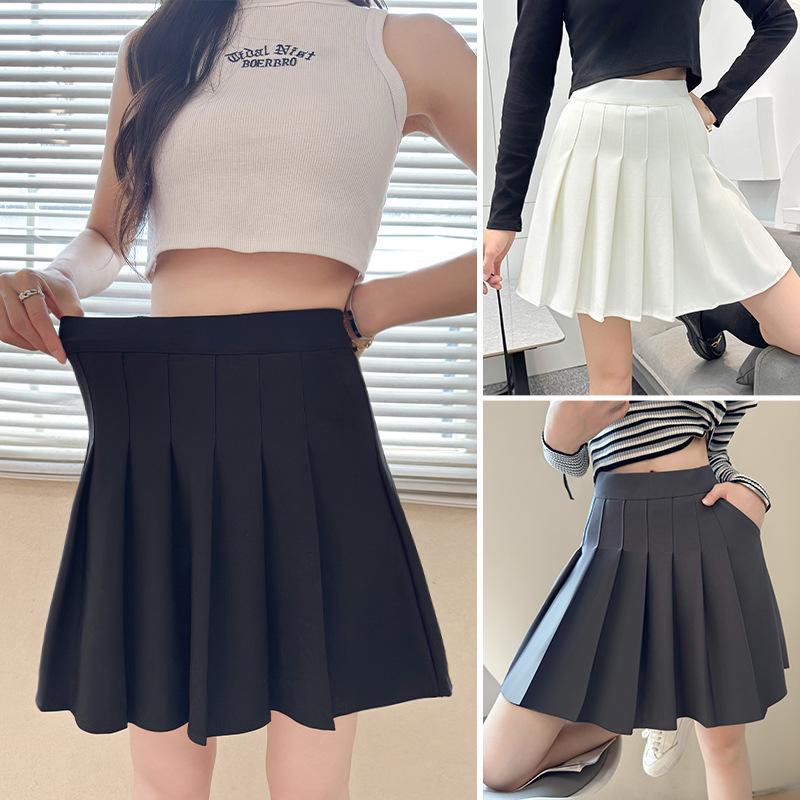 2025 High Waist Black Pleated Midi Skirt for Women - A-Line, College Style, Anti-Exposure, Slimming Fit