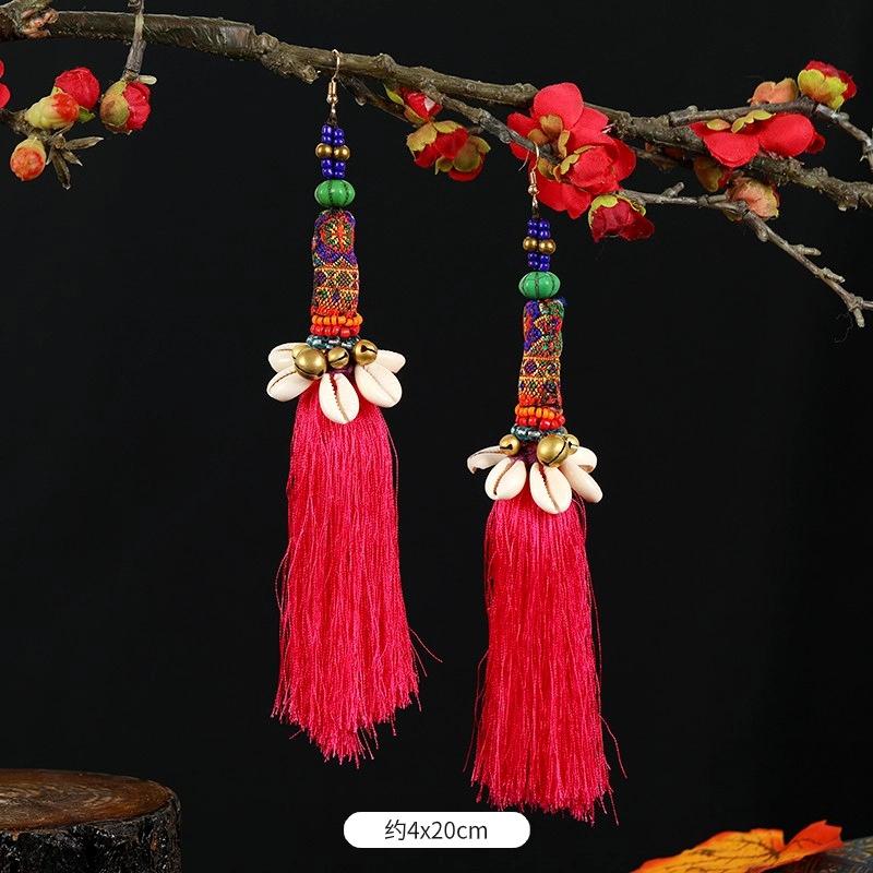 Retro Contrasting Pom-pom Earrings, Exaggerated Personality, Bohemian Vacation Long Fringed Temperament Earrings for Women