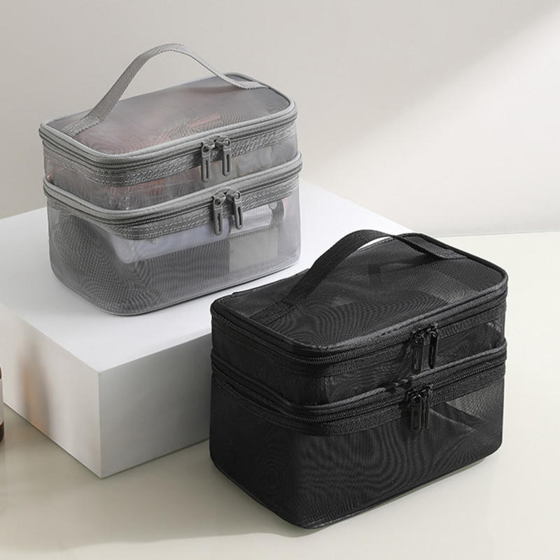 Women Clear Mesh Cosmetic Bag Dual Layer Travel Toiletry Bags Make Up Organizer Waterproof Brushes Holder Pouch