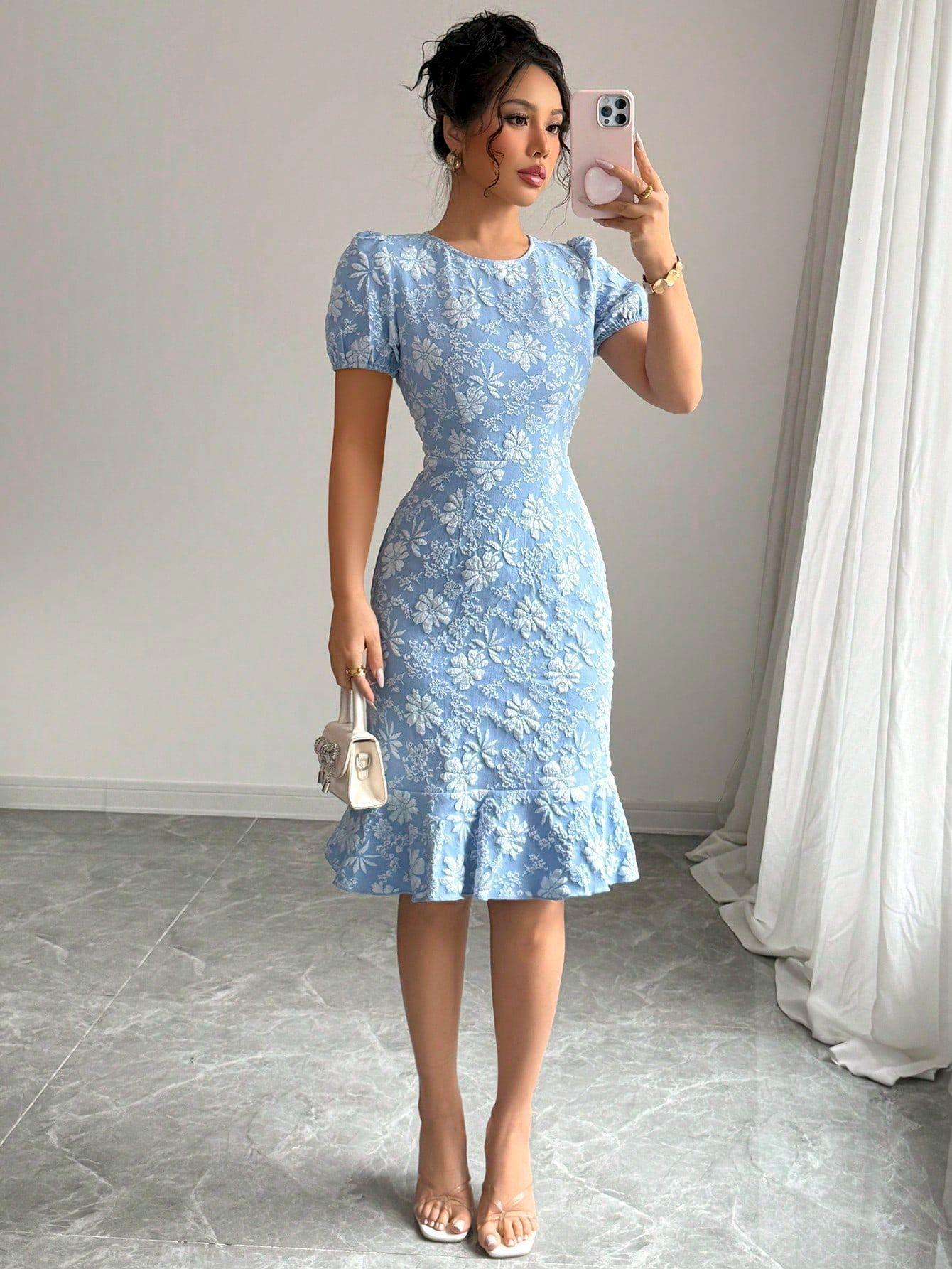 2026 Retro French Puff Sleeve Jacquard Dress for Women - European & American Style S