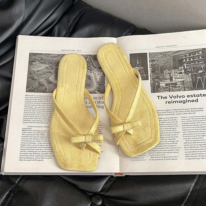 French thick heel sandals new bow cover toe cool slippers summer fairy wind vacation stepping on shit flip-flops sandals