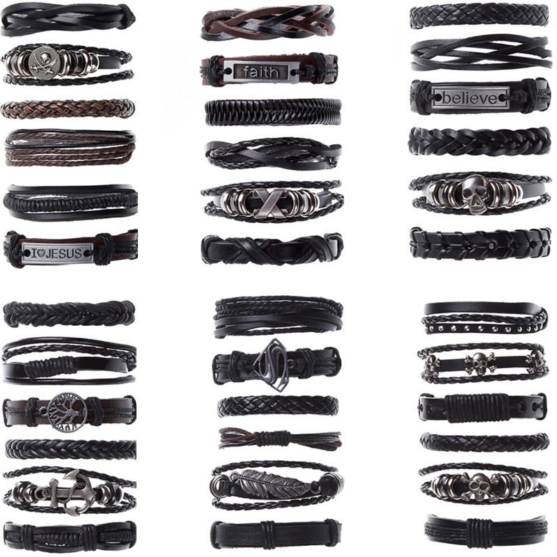 Punk 6-Piece Genuine Leather Multi-Layer Bracelet Set