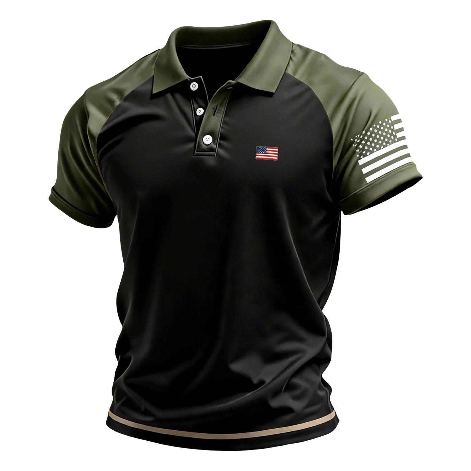 

Men’s Short Sleeve Polo Shirt with Flag Print Raglan Sleeves Classic Fit Soft Fabric Casual Top L армия зеленый
