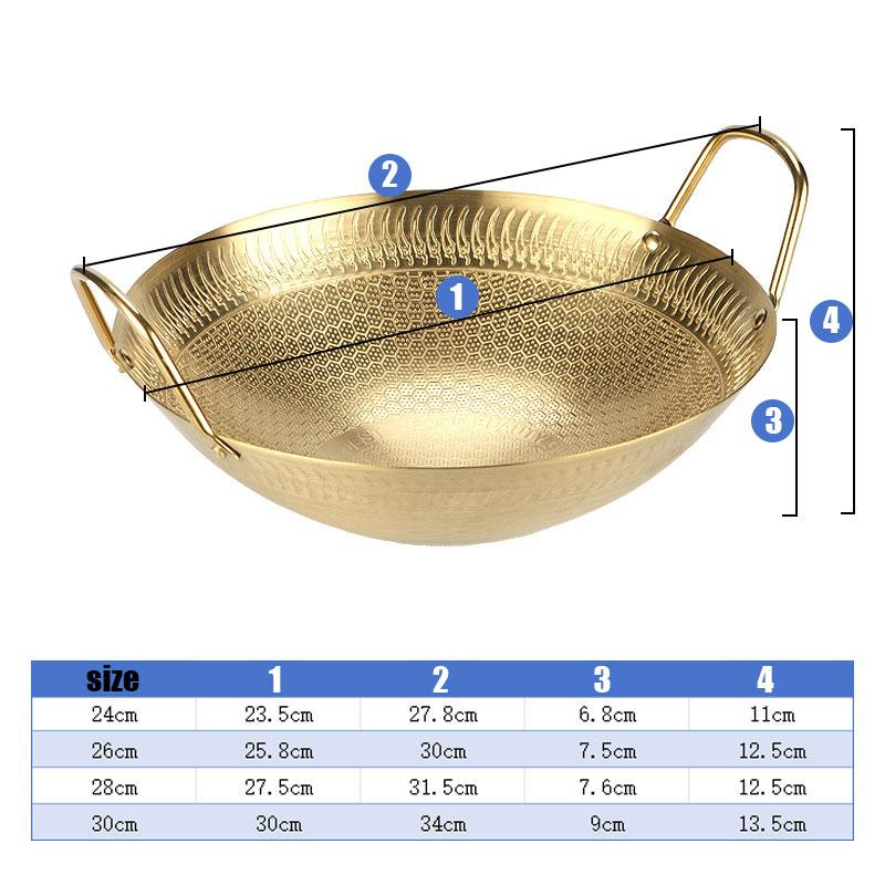 Roestvrijstalen Anti-aanbak Wok Grillpannen met Dubbele Handgrepen Ronde Braadschaal Gouden Platen Schaal voor Thuis Kamperen