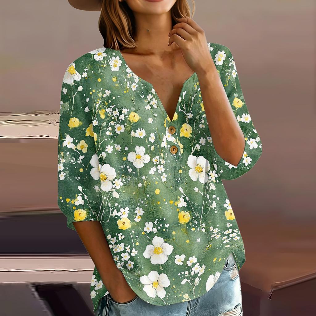Women’s Floral Print Cotton Linen Shirt with Henley Button Neckline and Three Quarter Sleeves Casual Loose Fit Blouse Top