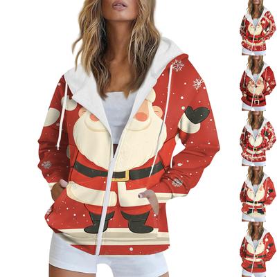 Women's Christmas Printed Sweatshirt  Winter Long Sleeve Cardigan Jacket With Pockets Zipper Hoodie Outerwear