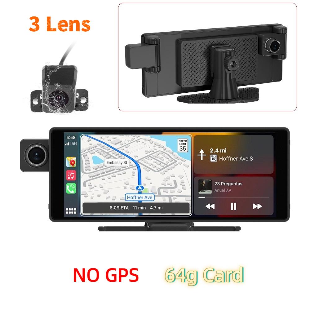 3-lens Dashcam, 10.26" HD Wireless CarPlay Car Navigation GPS.