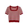 2025 Summer Women's Slim Fit Short Sleeve Striped Ice Silk Knit Top with Square Neck