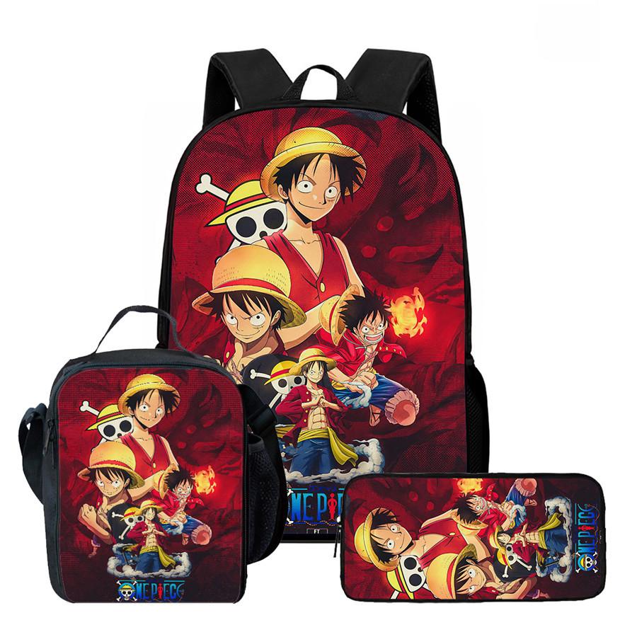 One Piece Anime Backpack 3Pcs Set Cartoon School Backpack Crossbody Bag Pencil Case Student Schoolbag Travel Backpack Gift