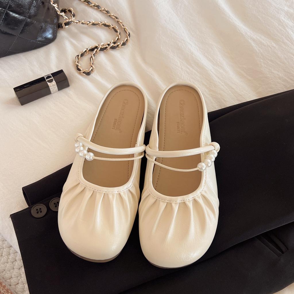 Pearl bag head half slippers women's outer wear 2025 new lazy with skirt flat bottom cool slippers
