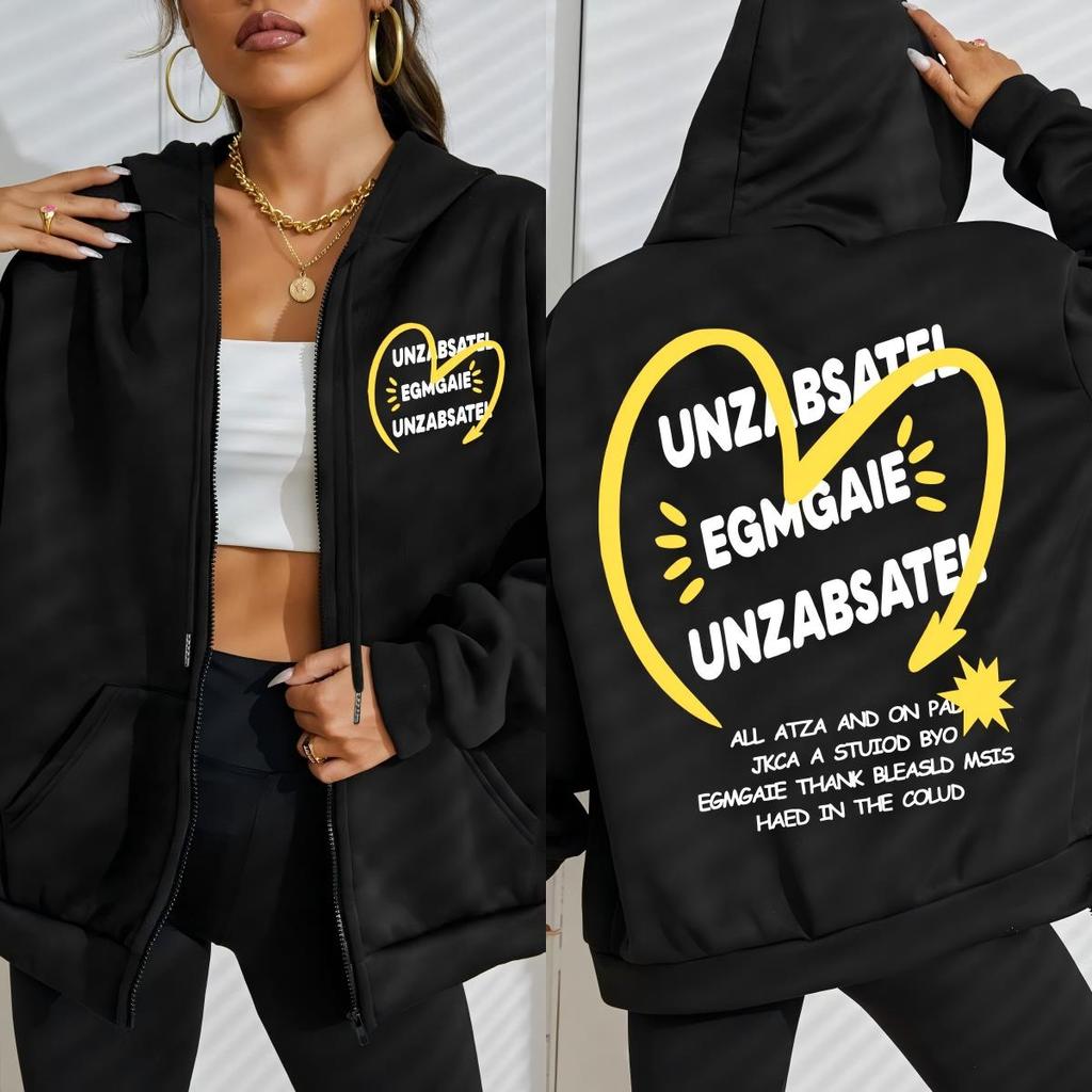 Yellow Heart Art Letter Design Women Zipper Hoodie Fashion Loose Hoody Soft Sportswear Autumn Fleece Female Clothing