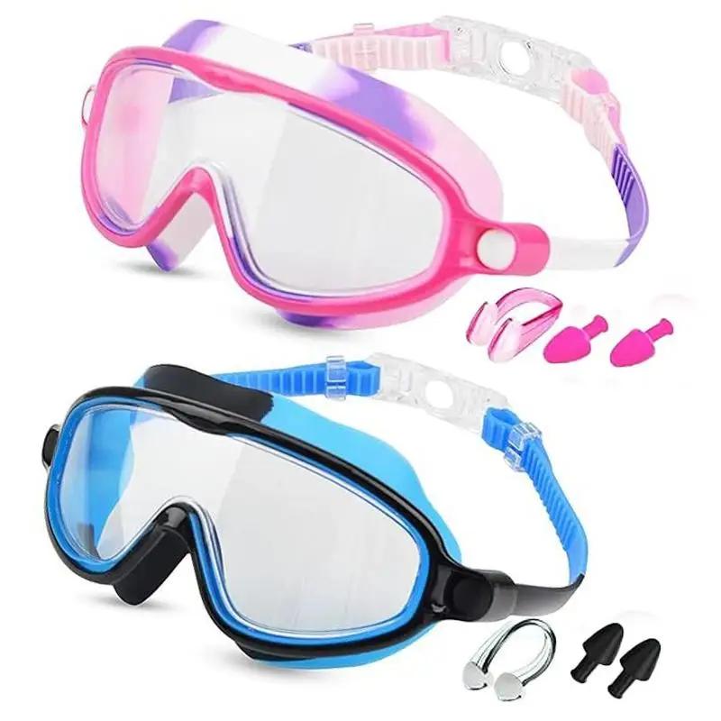 2 Pack Anti-Fog Anti-UV Swimming Goggles HD Diving Goggles with Earplugs Anti Choking Women Men Large Frame Silicone Swim Ggles