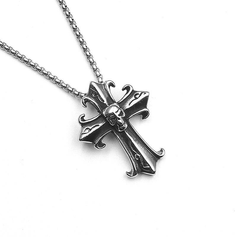 Titanium Steel Gothic Retro Cross Ghost Head Men's Pendant Necklace Fashion Punk Jewelry