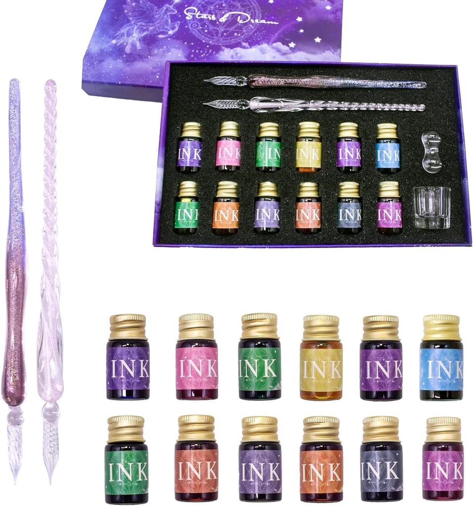 Ducale Glass Pen Set with 12 Ink 2 and Box Starry Sky Rainbow Gradient Glass Dip Pen Ink Set Colors, Pens, - (Sakura Pink) GRS-SPK-SET