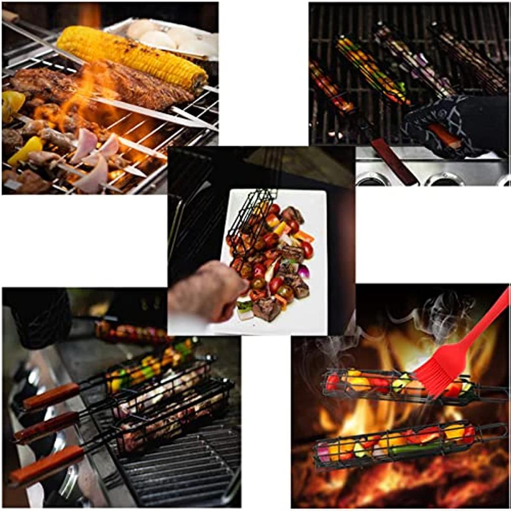 Kabob-Grillkorb, Grillspieße, antihaftbeschichtet, Kabob-Grillkörbe, Set mit 6 und 6 Grillspießen, Grill- und Grillutensilien