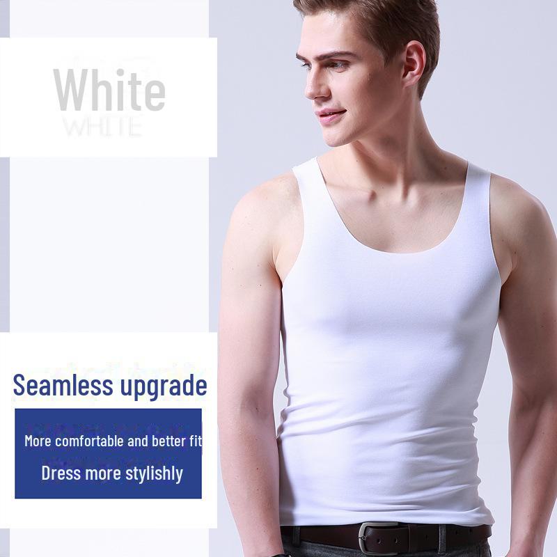 Men's White Ice Silk Seamless V-Neck Sleeveless Sports Vest - Summer Slim Fit