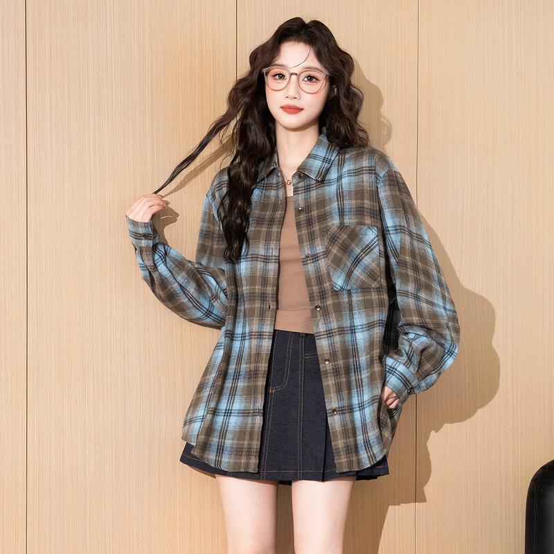 TonLion Women's Retro Plaid Gradient Shirt Jacket