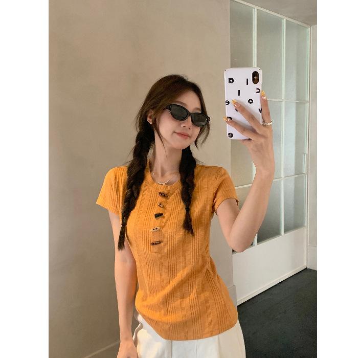 Fashion niche design sense semi-open neck front shoulder short-sleeved T-shirt women's summer slim and thin versatile small top