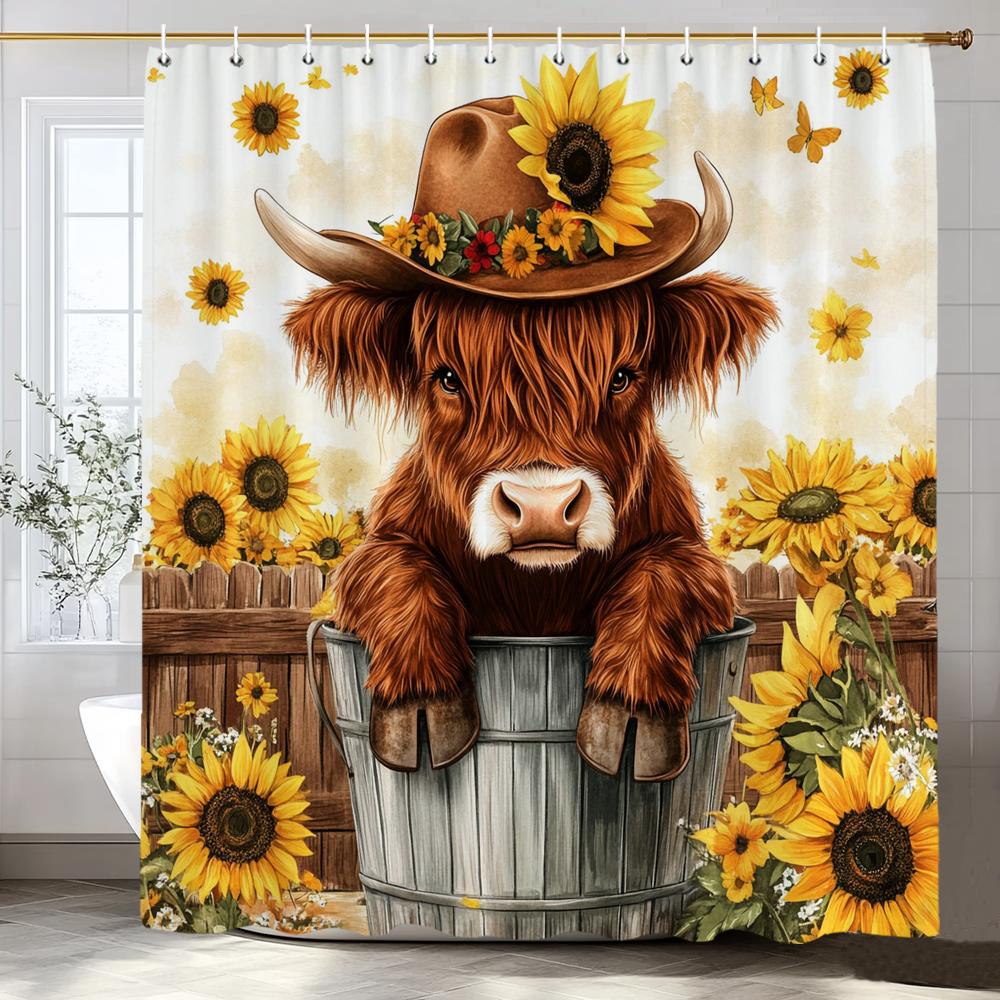 

Western Highland Cow Shower Curtain, Funny Cute Cow Print Rustic Country Farmhouse Floral Bathroom Curtain Decor Home With Hook W60H190(CM)-1 Pcs