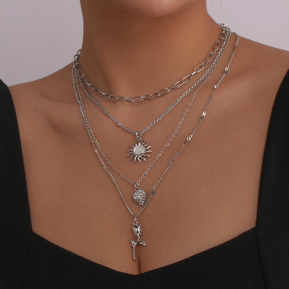 Tooxika Vintage Sun Love Heart Flower Necklace Diamonds Niche Street Fashion Necklace Women