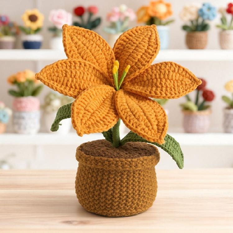 Crocheted Lilies Potted Plant Home Decors Artificial Knitted Flower Pot Ornament for Mother Day Teacher Appreciation Gift