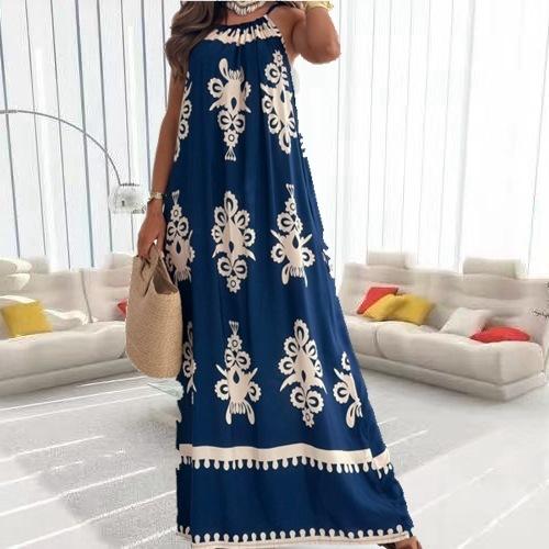 2026 new bohemian print neck dress seaside vacation beach dress women's summer loose