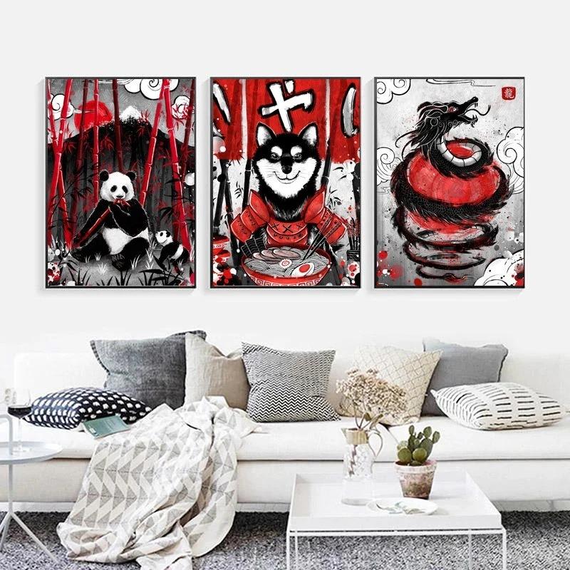 Japanese Art Cat Samurai Canvas Poster Animal Print for Living Room Wall Decor Home Decoration Picture