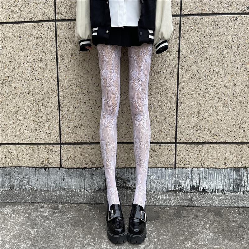 

Sushang Floral Vine Lace Fishnet Stockings - White Bowknot, Black Silk Pantyhose, 19 Flower Design One Size