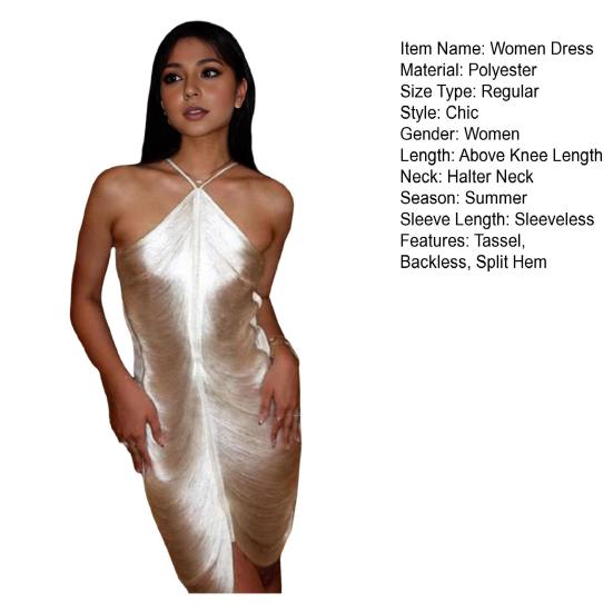 Women Party Dress Glossy Tassel Halter Neck Backless Sleeveless Split Hem Solid Color Slim Fit Off Shoulder Club Party Banquet Mini Dress