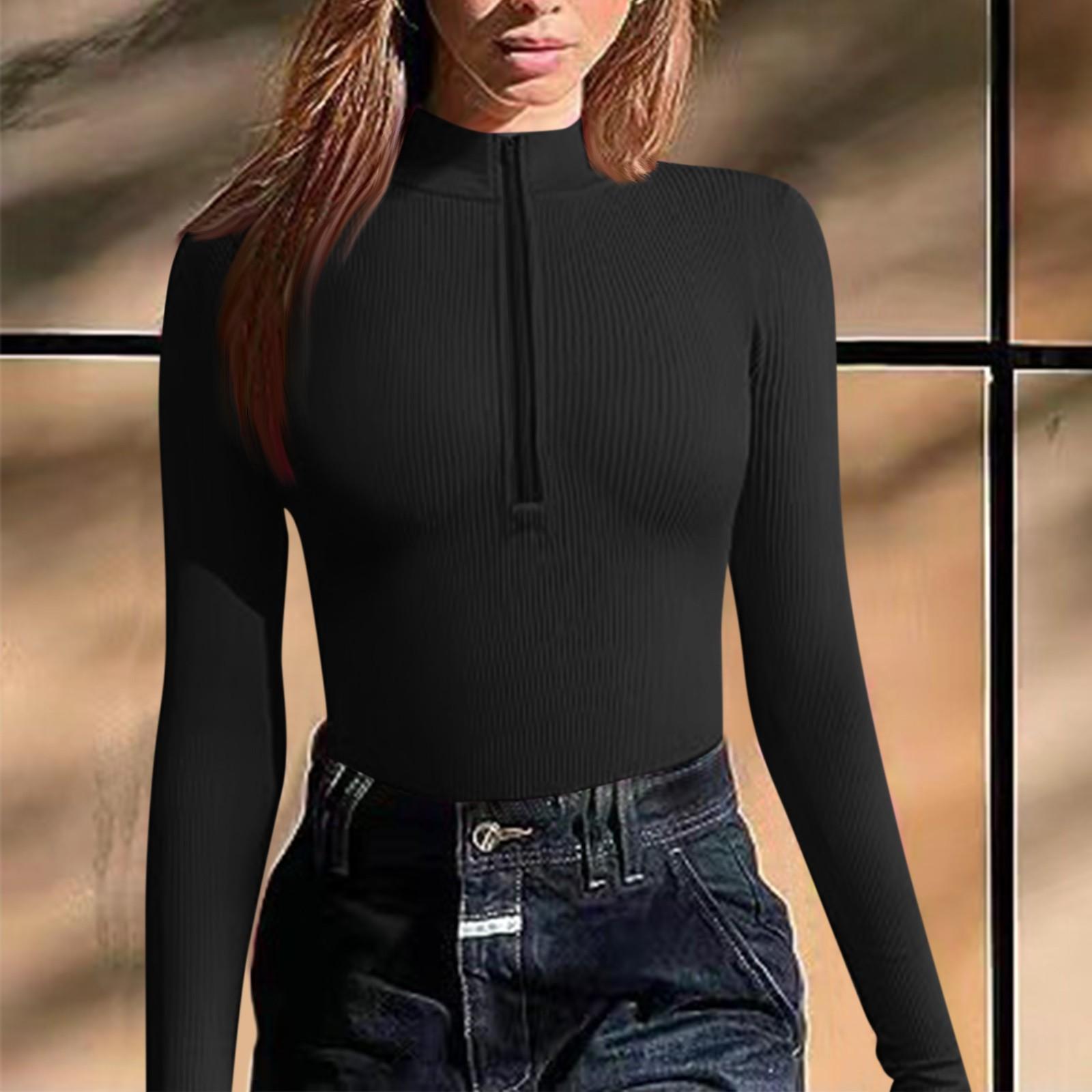 

Женский модный сексуальный однотонный топ с круглым вырезом и длинным рукавом на молнии, тонкий комбинезон XL чёрный