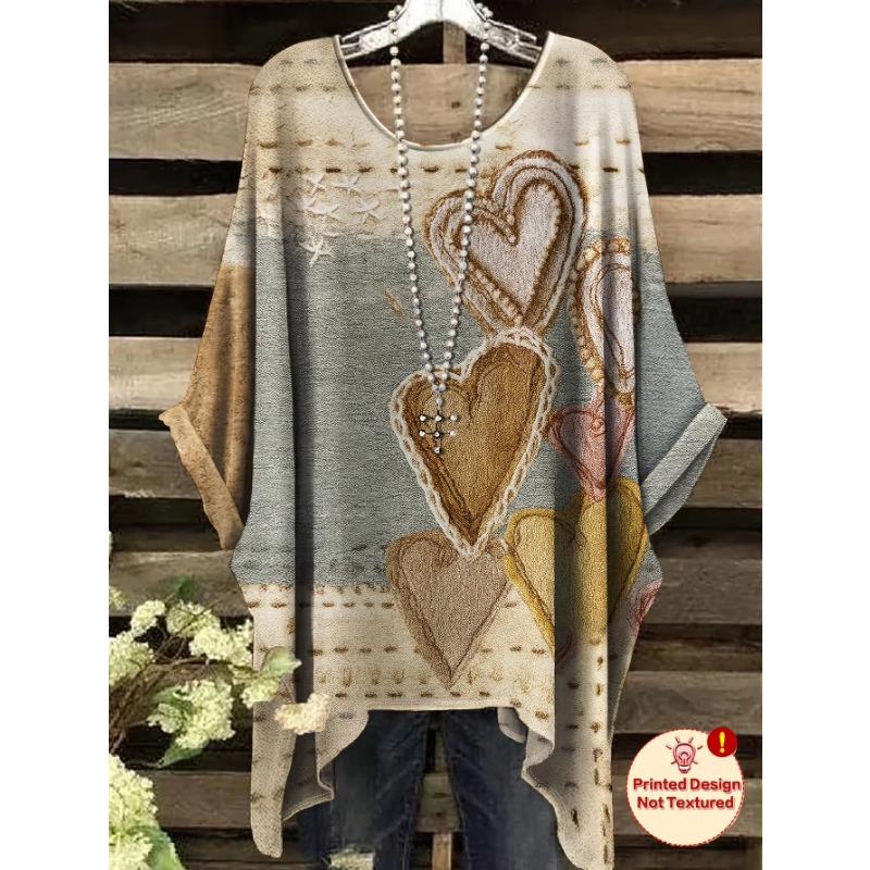 

Women s T-shirt Printed Design Tops Elegant Oversized Minimalist Vintage Heart Pattern Print Irregular Hem Round Neck T-Shirt S