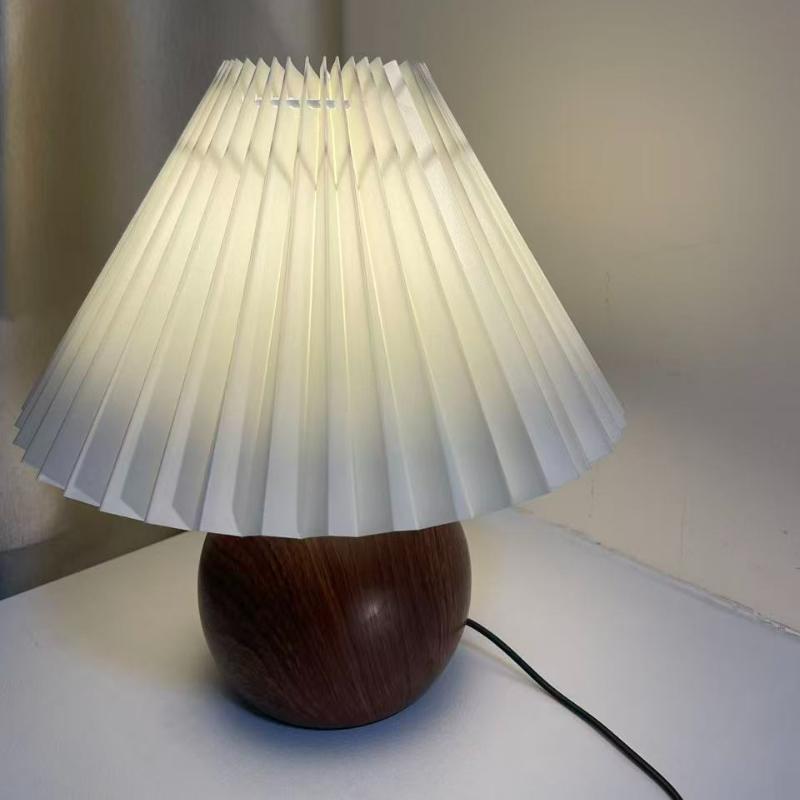 LED Bedside Table Lamp Cute Small Pleated Lamps for Nightstand Circular Walnut Ambient Light USB Bedroom Decoration Night Light