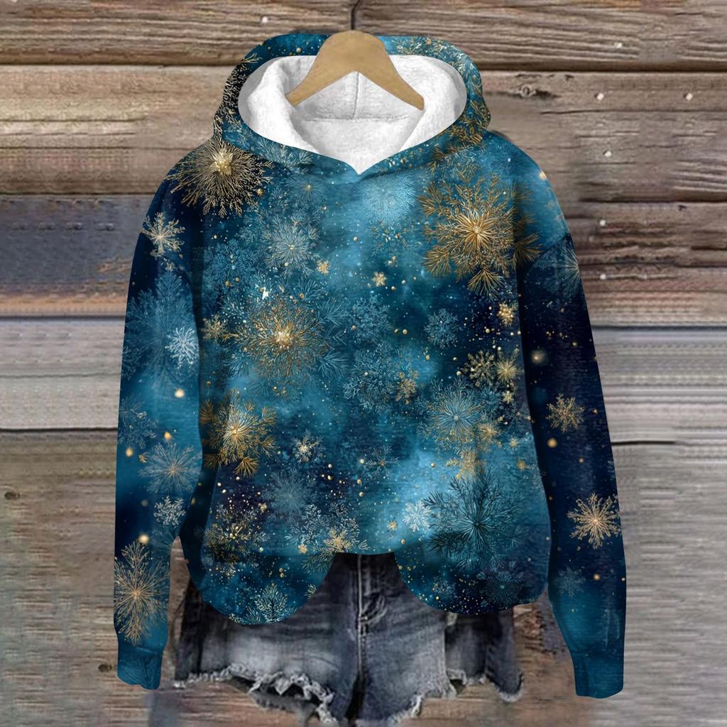 Damenmode Langarm Weihnachtsprint Lockerer Kapuzenpullover Top