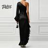 Talos Women's One Shoulder Asymmetric Ruffle Satin Dress, Formal Evening Party Gown, Long Sleeve Ruched Bridesmaid Dress