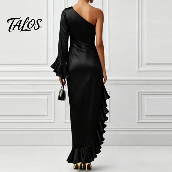 Talos Women's One Shoulder Asymmetric Ruffle Satin Dress, Formal Evening Party Gown, Long Sleeve Ruched Bridesmaid Dress