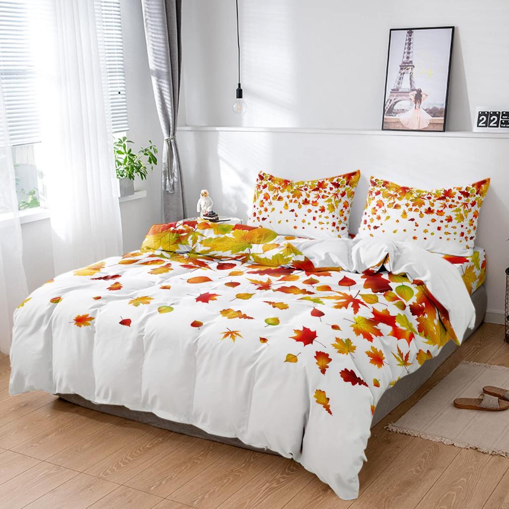 Maple Leaf Duvet Cover Queen Autumn Leaves Bedding Set Old Wooden Plank Vintage Comforter Cover for Boys Adults Room/Cabin Decor