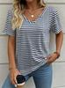 Women's Striped & Plaid Patchwork V Neck T-Shirt, Short Sleeve Casual Tops, Stylish Daily Wear for Spring & Summer