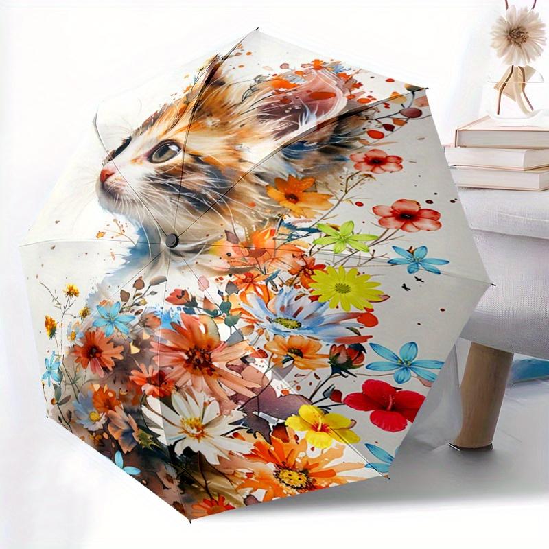 1pc Adorable Orange Cat & Flower Design Durable Cartoon Folding Umbrella, Portable 3-Fold Compact Umbrella for Men and Women, Suitable for Travel
