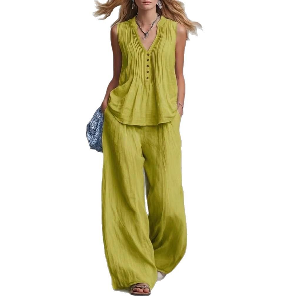 Casual Sleeveless Vneck Pants Set For Women With Polyester Splicing Style For Summer