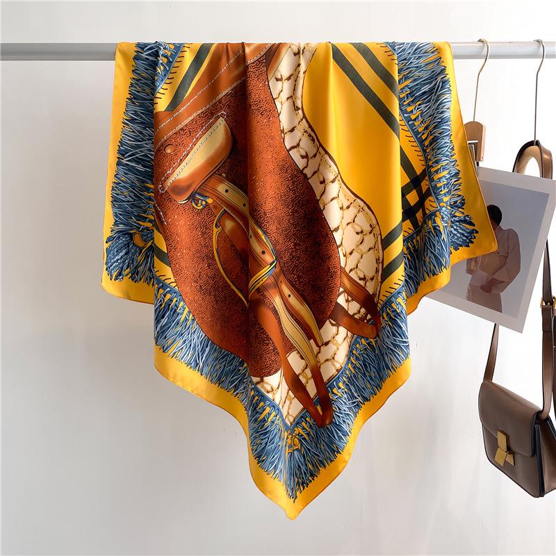 Headscarf Printed Twill Silk Large Square Scarf Small Fragrant Silk Scarf Women'S Anti-Sun Scarf Decorative Scarf Shawl 90Cm