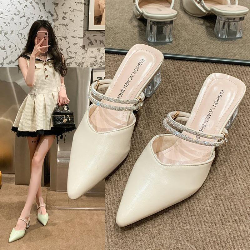 Fashion pointed high heels summer new thick heel solid color rhinestone sandals daily casual lady bag head slippers