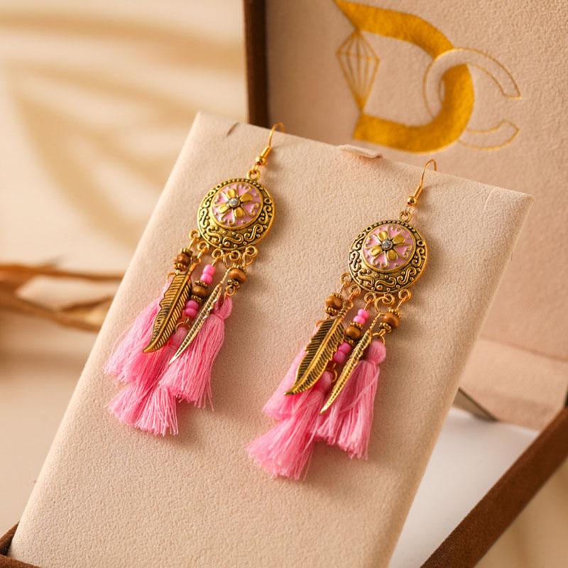 Bohemian Leaf Tassel Earrings for Women Vintage Round Wood Bead Antique Gold Color Alloy Earrings Vacation Party Wedding Jewelry