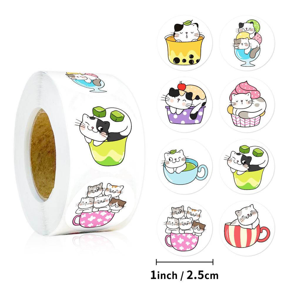 500 Sheets/Roll Cup Cat Sticker Roll Sticker Cute Wind Decorative Sticker Material Sealing Sticker
